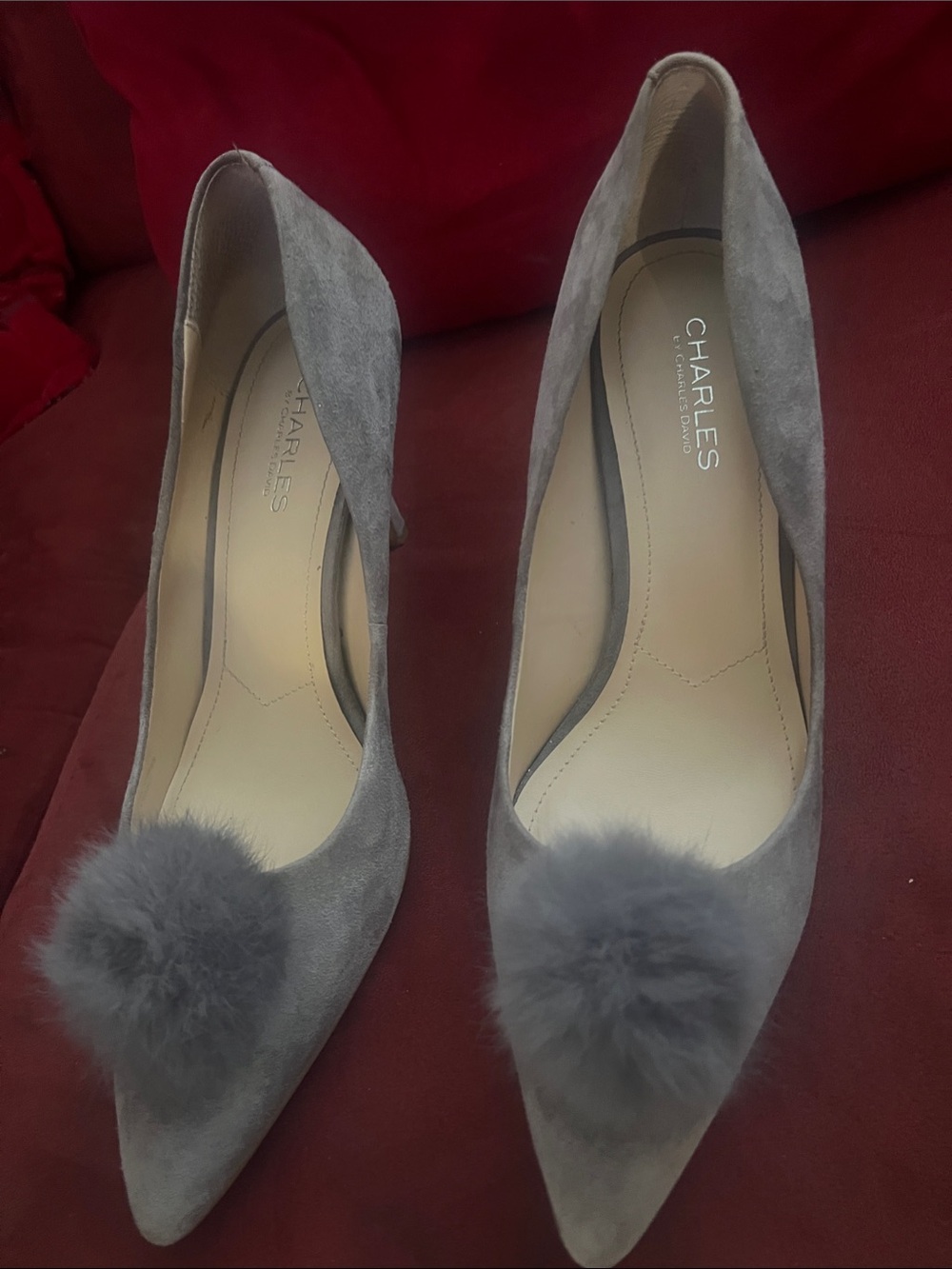 Charlies Gray Suede Pointed-Toe Pumps with Pom Pom